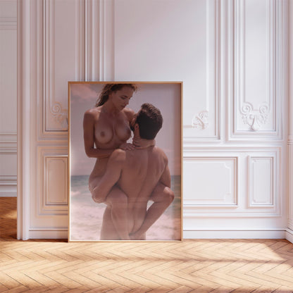 Nude Photo of Sexy Couple Outside, Topless Beautiful Woman at the Beach Hugging Handsome Muscular Partner With Nice Butt, Couple in Love Art