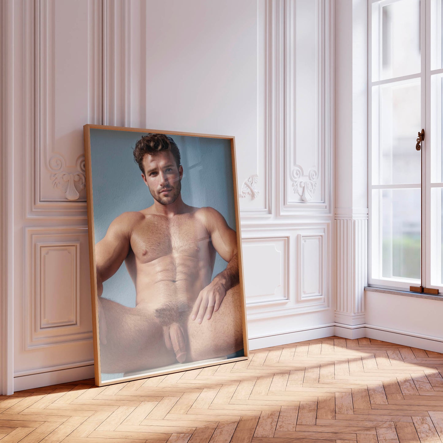 Dick Pic, Handsome Nude Male Model with Big Penis Sitting in Chair, Flaccid Soft Cock Nude Photo, Gay Interest, Art and Homoerotic Decor