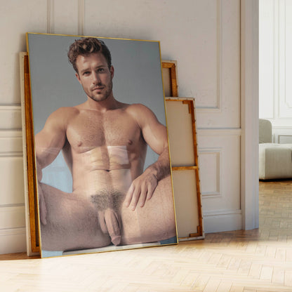 Dick Pic, Handsome Nude Male Model with Big Penis Sitting in Chair, Flaccid Soft Cock Nude Photo, Gay Interest, Art and Homoerotic Decor