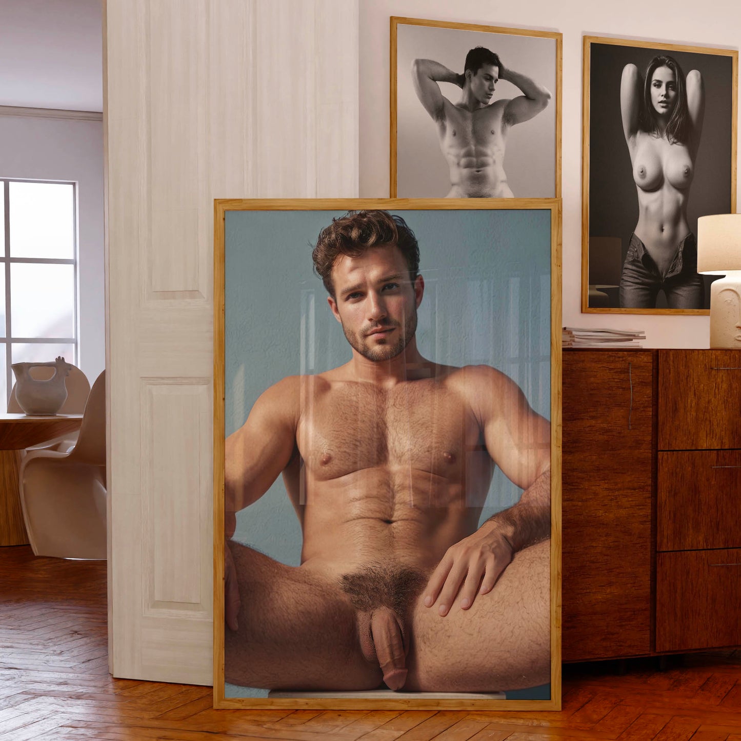 Dick Pic, Handsome Nude Male Model with Big Penis Sitting in Chair, Flaccid Soft Cock Nude Photo, Gay Interest, Art and Homoerotic Decor