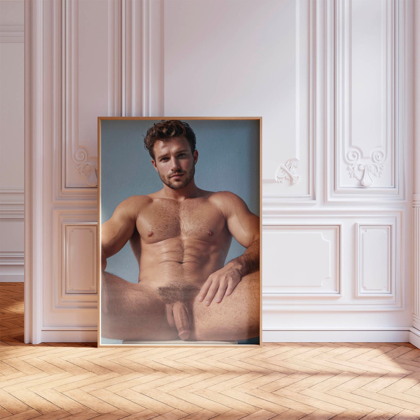 Dick Pic, Handsome Nude Male Model with Big Penis Sitting in Chair, Flaccid Soft Cock Nude Photo, Gay Interest, Art and Homoerotic Decor