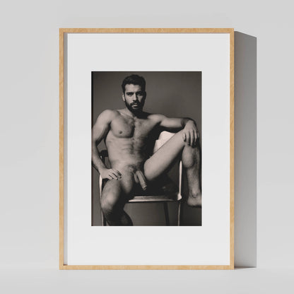 Large Penis, Dick Pic of Handsome Nude Man Showing Cock, Full Frontal Nudity Poster, Gay Naked Photograph in Black and White, Tasteful Porn