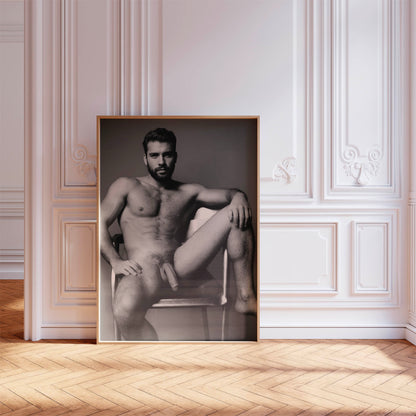 Large Penis, Dick Pic of Handsome Nude Man Showing Cock, Full Frontal Nudity Poster, Gay Naked Photograph in Black and White, Tasteful Porn