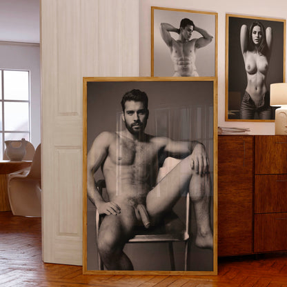 Large Penis, Dick Pic of Handsome Nude Man Showing Cock, Full Frontal Nudity Poster, Gay Naked Photograph in Black and White, Tasteful Porn