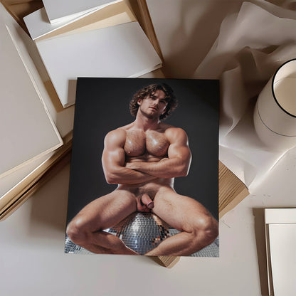 Retro Penis Photo & Dick Pic, Handsome Fully Nude Man Showing Penis on Disco Ball, Muscular Bodybuilder Physique, Gay Interest Art