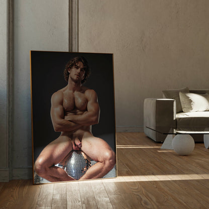 Retro Penis Photo & Dick Pic, Handsome Fully Nude Man Showing Penis on Disco Ball, Muscular Bodybuilder Physique, Gay Interest Art