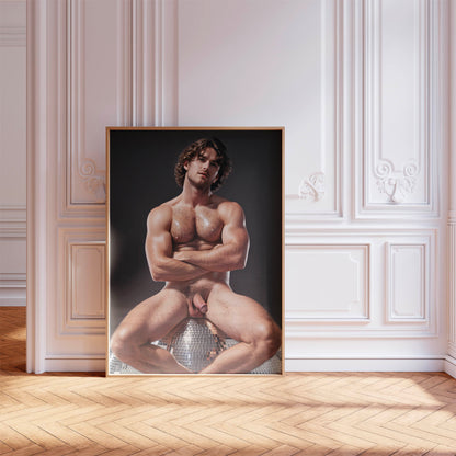 Retro Penis Photo & Dick Pic, Handsome Fully Nude Man Showing Penis on Disco Ball, Muscular Bodybuilder Physique, Gay Interest Art