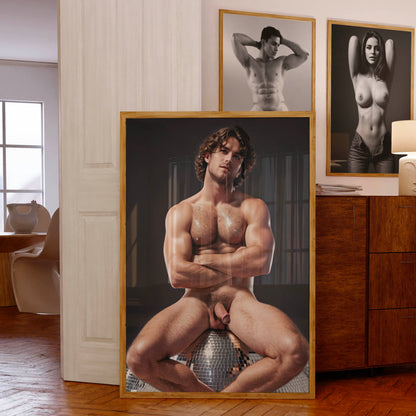 Retro Penis Photo & Dick Pic, Handsome Fully Nude Man Showing Penis on Disco Ball, Muscular Bodybuilder Physique, Gay Interest Art