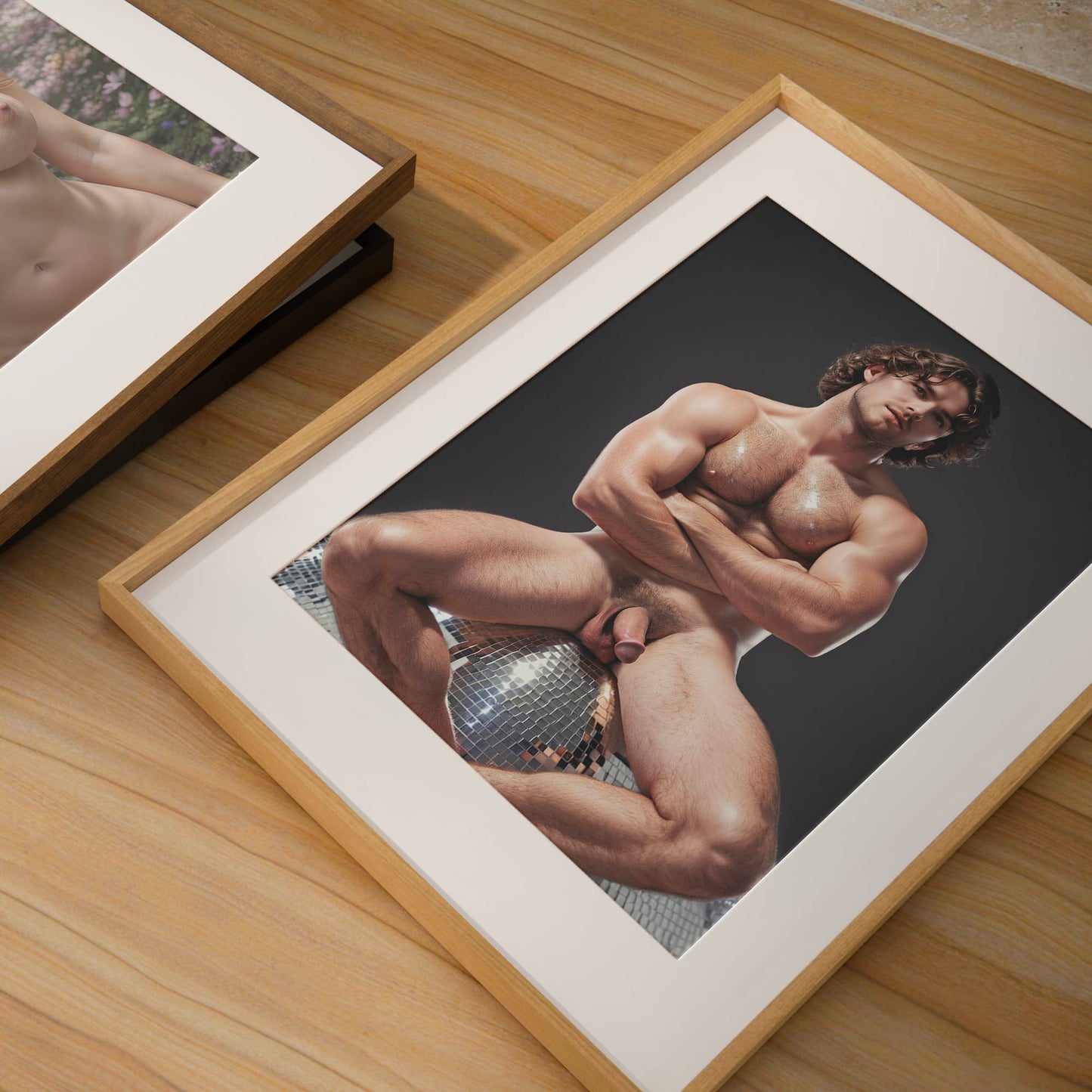 Retro Penis Photo & Dick Pic, Handsome Fully Nude Man Showing Penis on Disco Ball, Muscular Bodybuilder Physique, Gay Interest Art