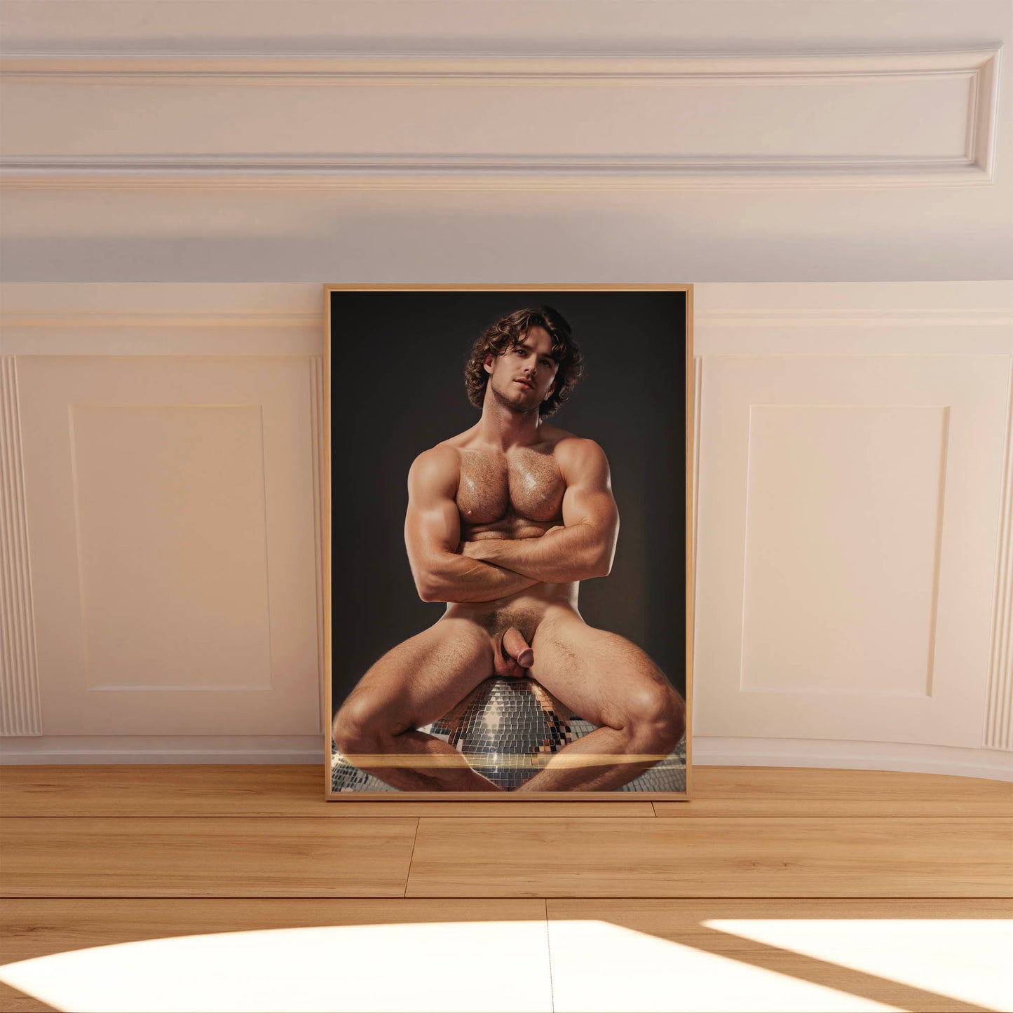 Retro Penis Photo & Dick Pic, Handsome Fully Nude Man Showing Penis on Disco Ball, Muscular Bodybuilder Physique, Gay Interest Art