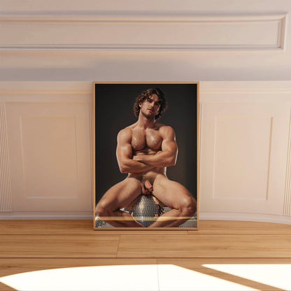 Retro Penis Photo & Dick Pic, Handsome Fully Nude Man Showing Penis on Disco Ball, Muscular Bodybuilder Physique, Gay Interest Art