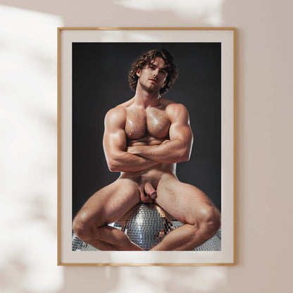 Retro Penis Photo & Dick Pic, Handsome Fully Nude Man Showing Penis on Disco Ball, Muscular Bodybuilder Physique, Gay Interest Art