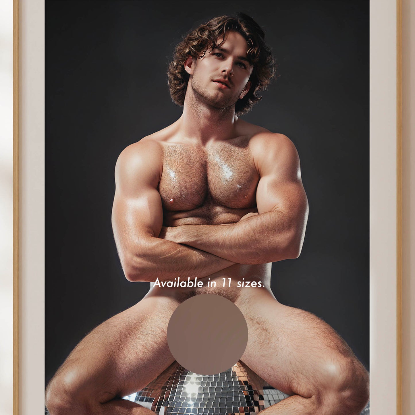 Retro Penis Photo & Dick Pic, Handsome Fully Nude Man Showing Penis on Disco Ball, Muscular Bodybuilder Physique, Gay Interest Art