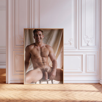 Handsome Man with Big Penis, Smiling Dick Pic, Model with Muscular & Bodybuilder Physique Posing with Open Legs, Tasteful Erotica, Gay Porno