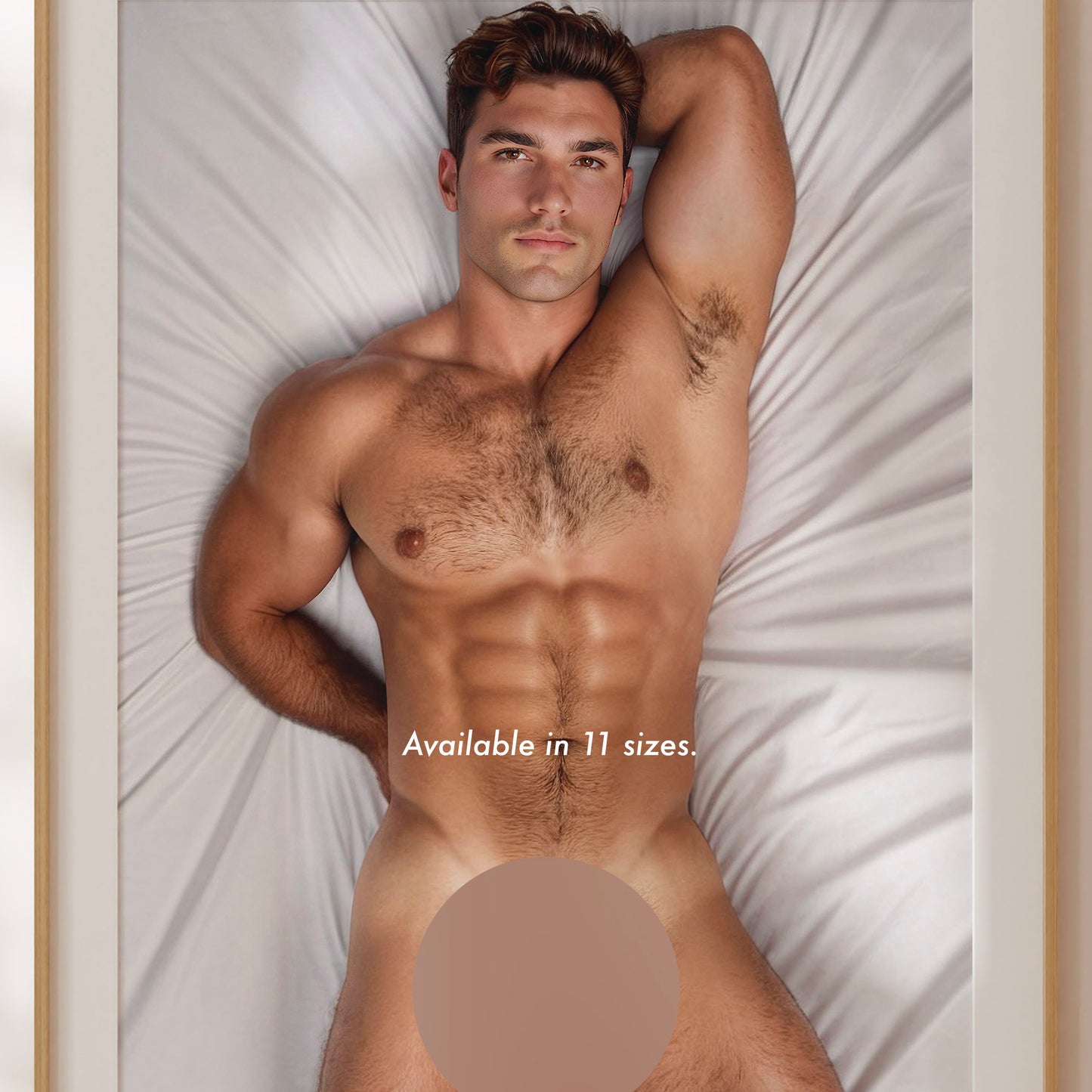 Dick Pic, Handsome Bodybuilder Flexing, Male Nude Photo with Muscular Model Lying in Bed Showing Soft Big Penis and Abs, Gay Art & Decor