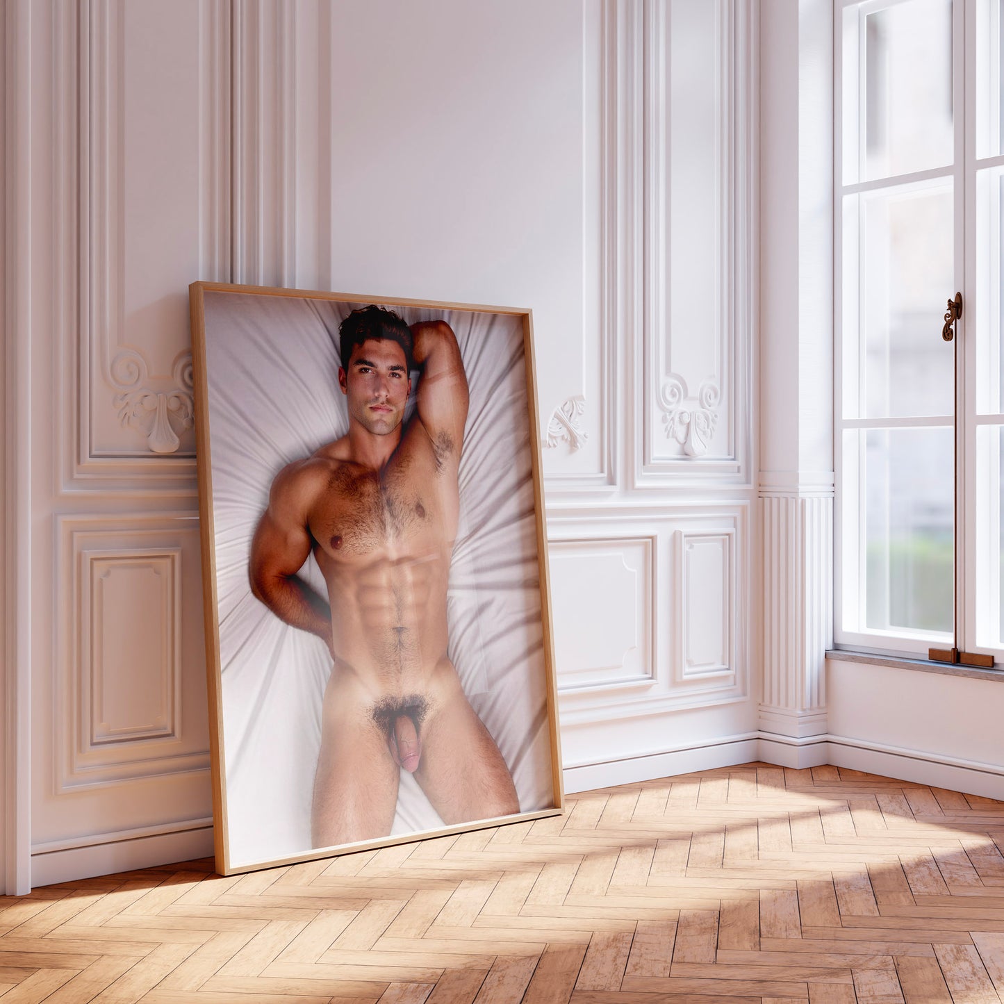 Dick Pic, Handsome Bodybuilder Flexing, Male Nude Photo with Muscular Model Lying in Bed Showing Soft Big Penis and Abs, Gay Art & Decor