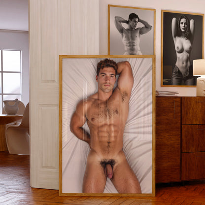 Dick Pic, Handsome Bodybuilder Flexing, Male Nude Photo with Muscular Model Lying in Bed Showing Soft Big Penis and Abs, Gay Art & Decor