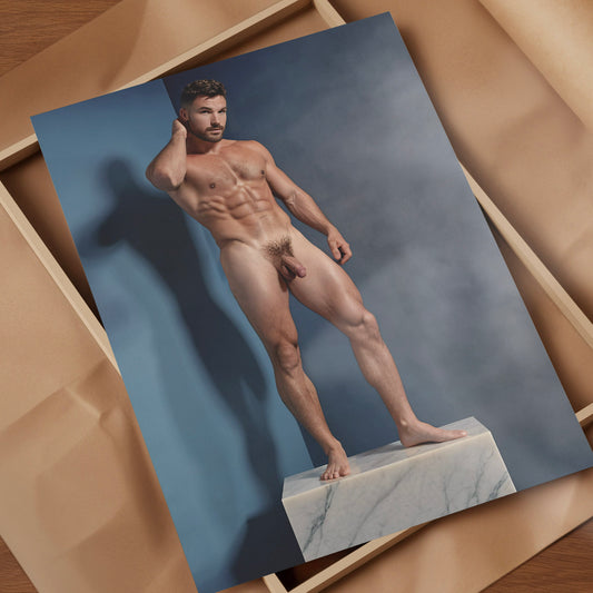 Handsome Naked Man with Big Penis, Muscular Bodybuilder Posing on Marble Showing Physique and Body in Aesthetic Dick Pic, Gay Art & Decor