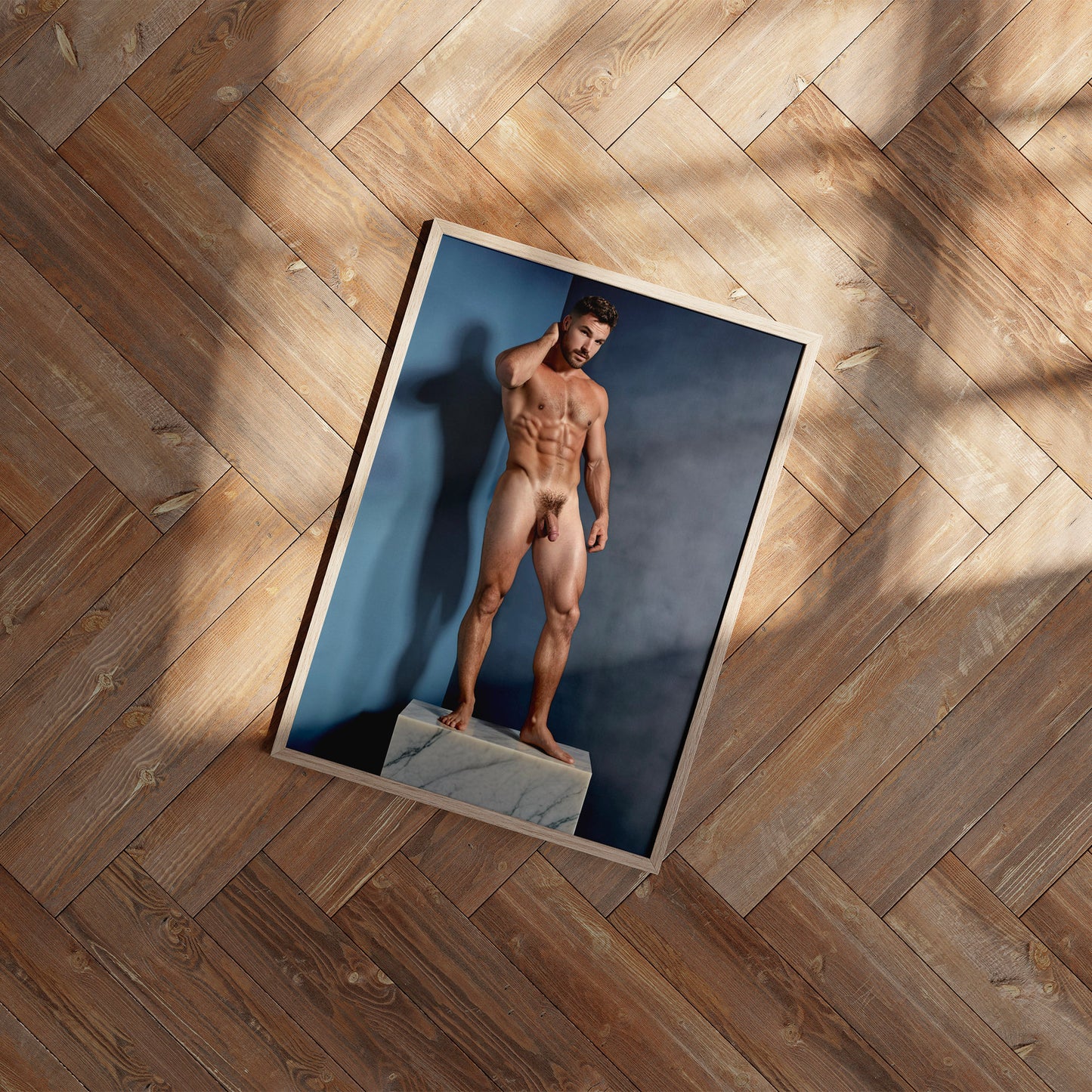 Handsome Naked Man with Big Penis, Muscular Bodybuilder Posing on Marble Showing Physique and Body in Aesthetic Dick Pic, Gay Art & Decor