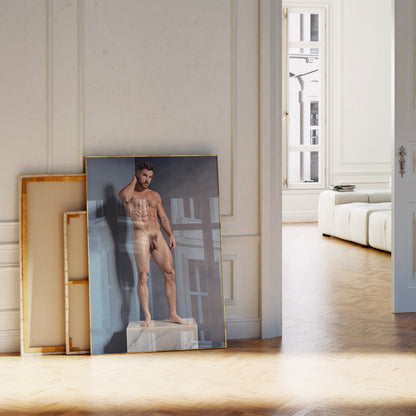 Handsome Naked Man with Big Penis, Muscular Bodybuilder Posing on Marble Showing Physique and Body in Aesthetic Dick Pic, Gay Art & Decor