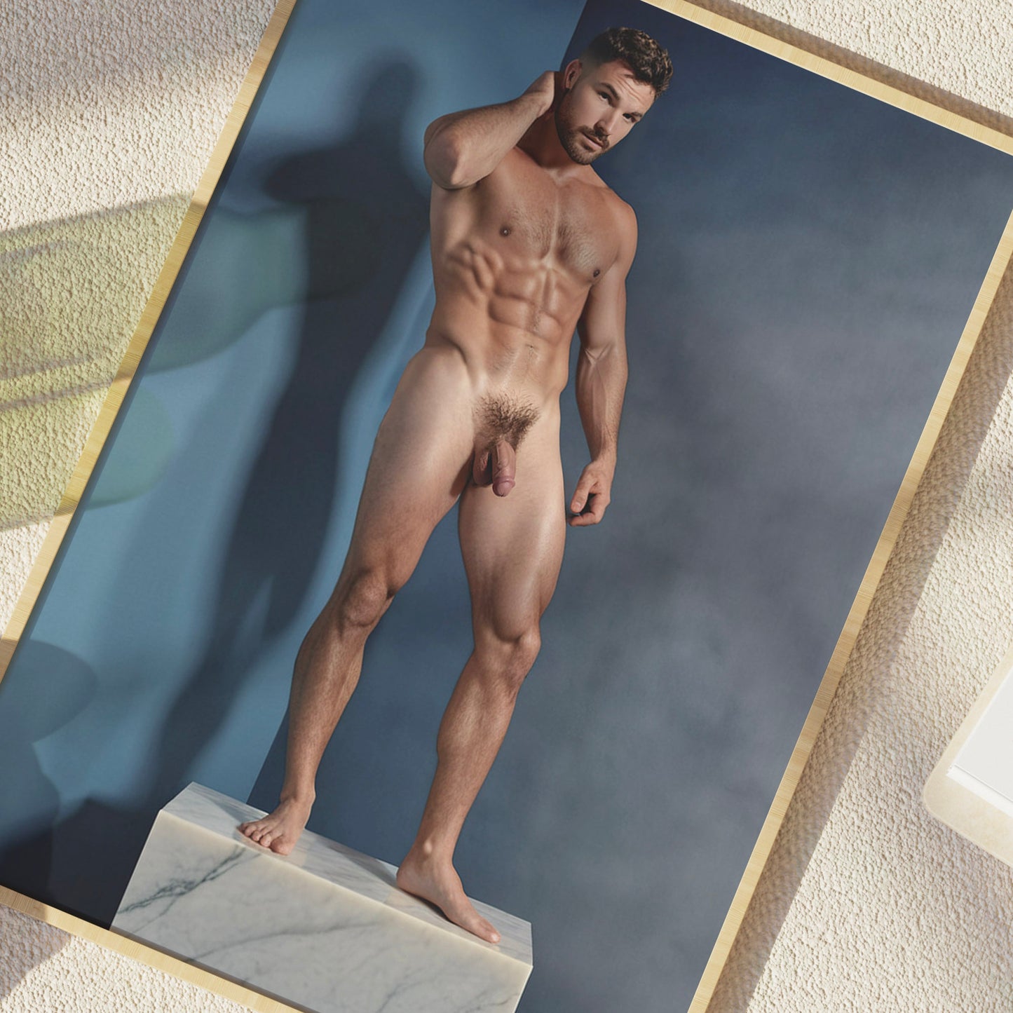 Handsome Naked Man with Big Penis, Muscular Bodybuilder Posing on Marble Showing Physique and Body in Aesthetic Dick Pic, Gay Art & Decor