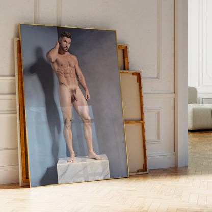 Handsome Naked Man with Big Penis, Muscular Bodybuilder Posing on Marble Showing Physique and Body in Aesthetic Dick Pic, Gay Art & Decor