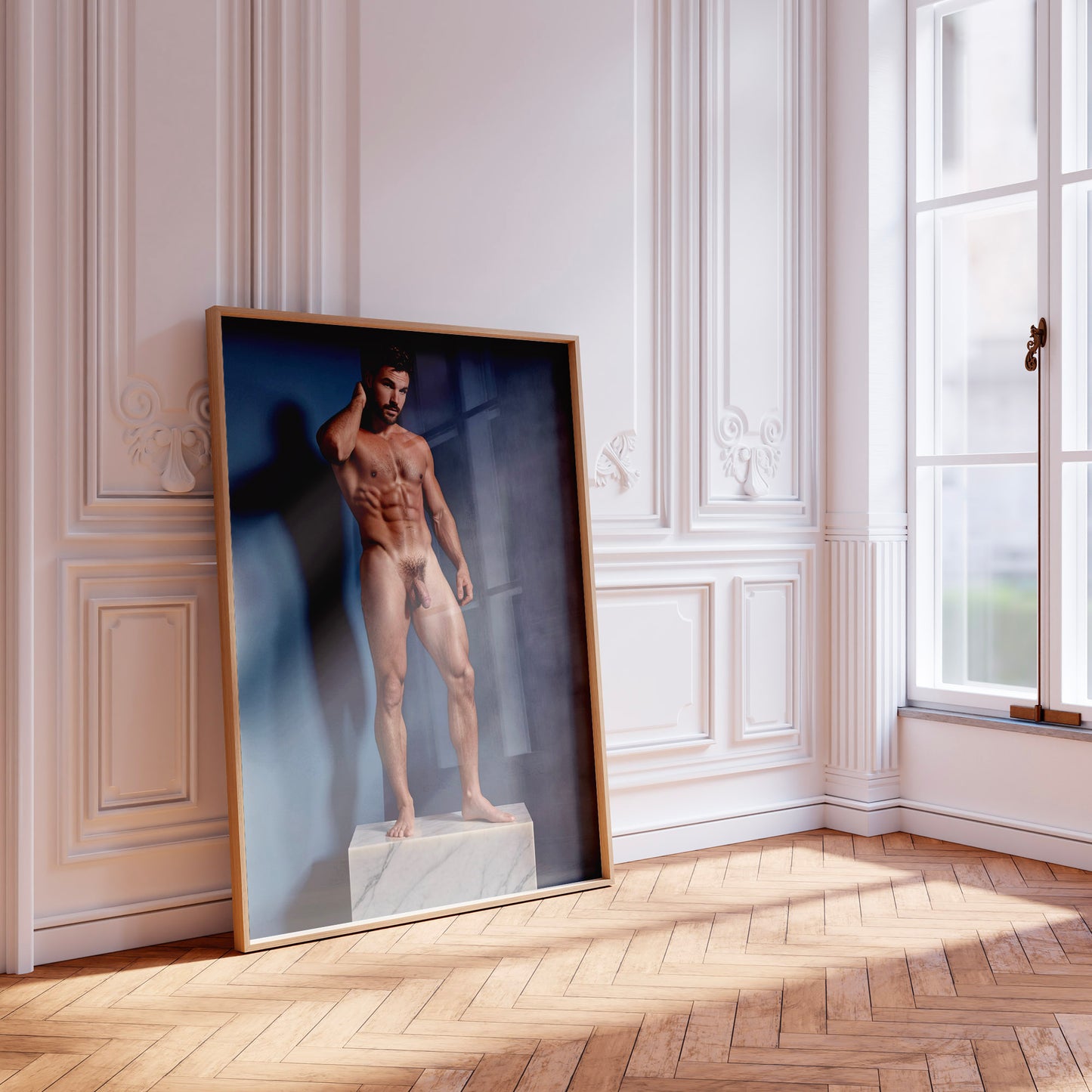 Handsome Naked Man with Big Penis, Muscular Bodybuilder Posing on Marble Showing Physique and Body in Aesthetic Dick Pic, Gay Art & Decor