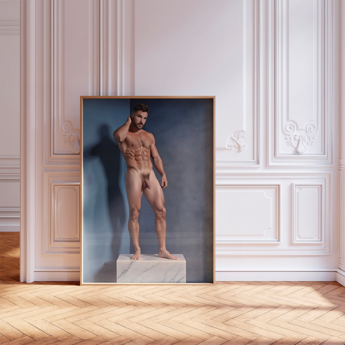 Handsome Naked Man with Big Penis, Muscular Bodybuilder Posing on Marble Showing Physique and Body in Aesthetic Dick Pic, Gay Art & Decor