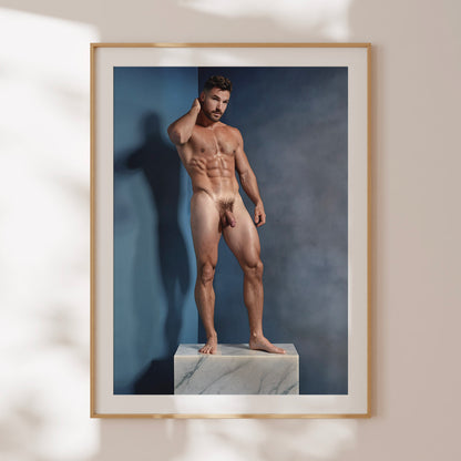 Handsome Naked Man with Big Penis, Muscular Bodybuilder Posing on Marble Showing Physique and Body in Aesthetic Dick Pic, Gay Art & Decor