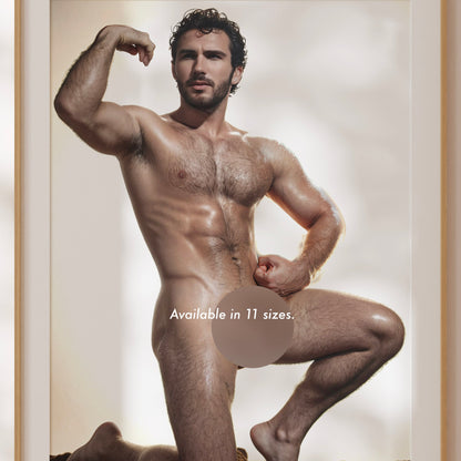 Handsome Nude Man with Big Penis, Vintage Muscular Nude Bodybuilder Vibe, Man Posing Showing Naked Physique in Big Dick Pic, Gay Art & Decor