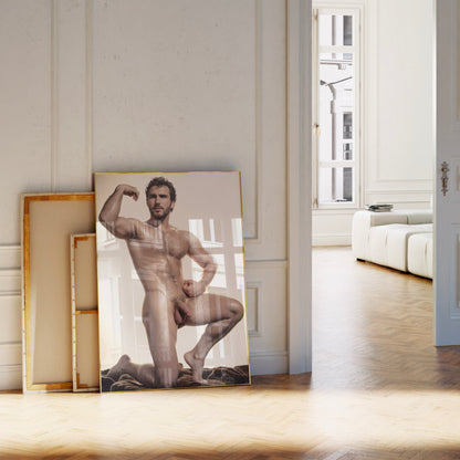 Handsome Nude Man with Big Penis, Vintage Muscular Nude Bodybuilder Vibe, Man Posing Showing Naked Physique in Big Dick Pic, Gay Art & Decor