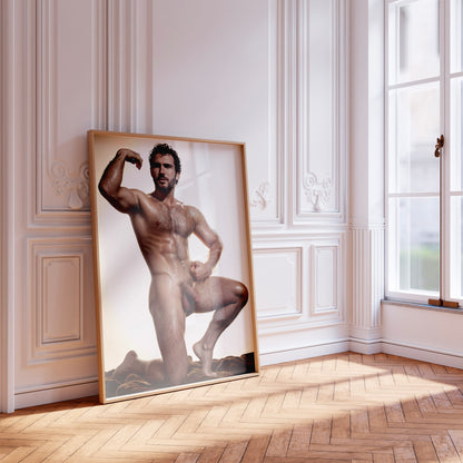 Handsome Nude Man with Big Penis, Vintage Muscular Nude Bodybuilder Vibe, Man Posing Showing Naked Physique in Big Dick Pic, Gay Art & Decor