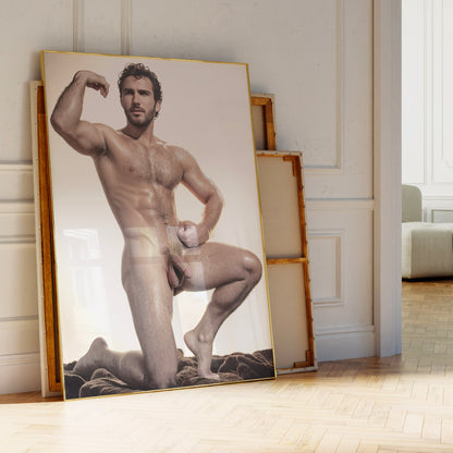 Handsome Nude Man with Big Penis, Vintage Muscular Nude Bodybuilder Vibe, Man Posing Showing Naked Physique in Big Dick Pic, Gay Art & Decor