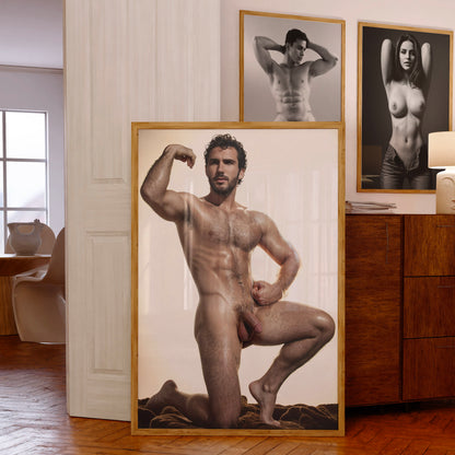 Handsome Nude Man with Big Penis, Vintage Muscular Nude Bodybuilder Vibe, Man Posing Showing Naked Physique in Big Dick Pic, Gay Art & Decor