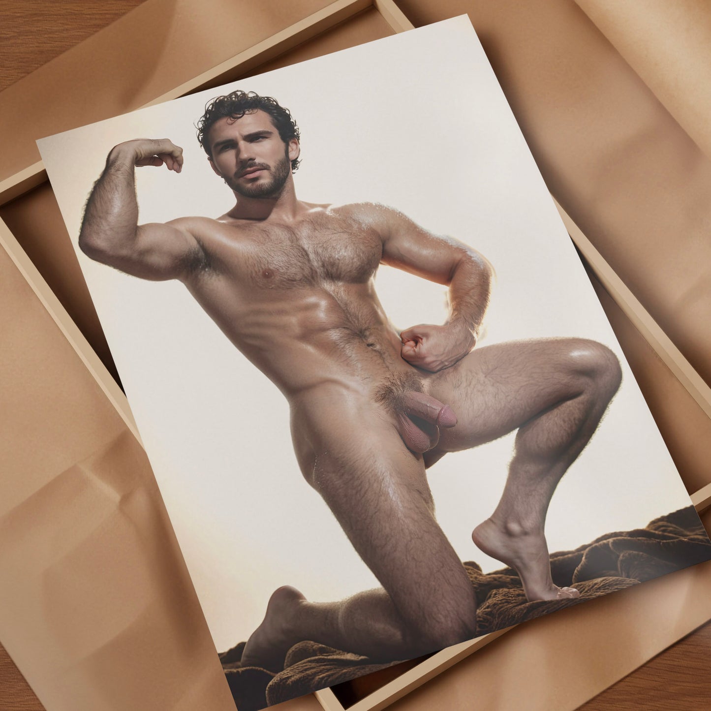 Handsome Nude Man with Big Penis, Vintage Muscular Nude Bodybuilder Vibe, Man Posing Showing Naked Physique in Big Dick Pic, Gay Art & Decor