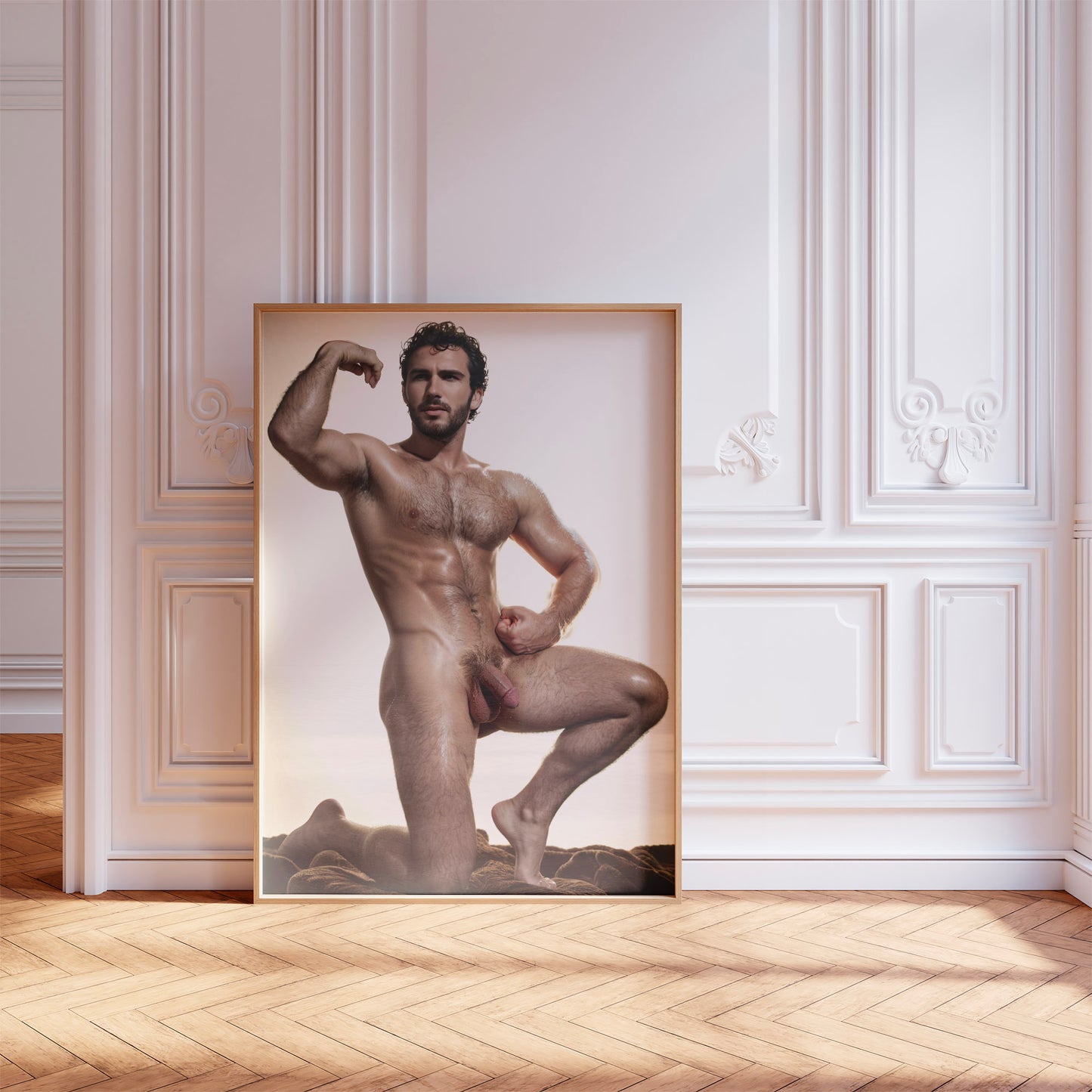 Handsome Nude Man with Big Penis, Vintage Muscular Nude Bodybuilder Vibe, Man Posing Showing Naked Physique in Big Dick Pic, Gay Art & Decor