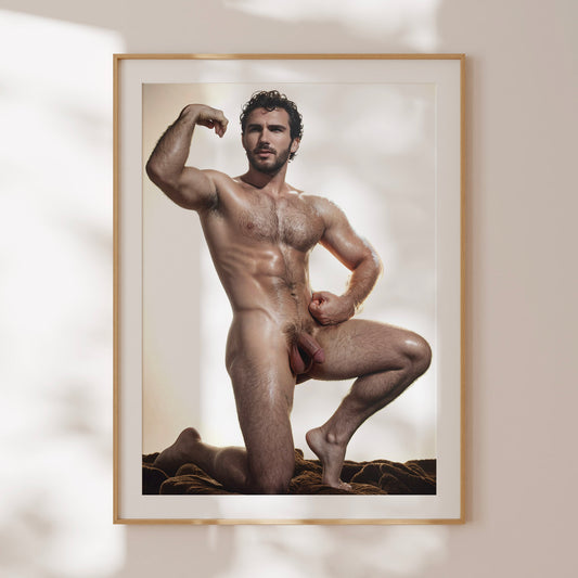 Handsome Nude Man with Big Penis, Vintage Muscular Nude Bodybuilder Vibe, Man Posing Showing Naked Physique in Big Dick Pic, Gay Art & Decor