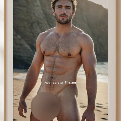 Big Dick Pic, Handsome Nude Man at Beach, Muscular Model With Huge Penis in Gay Erotic Solo Shot, Bodybuilder Physique With Big Cock