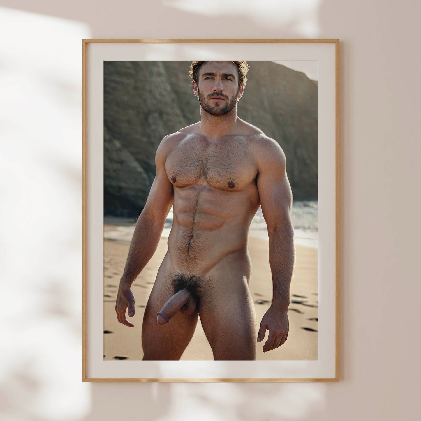 Big Dick Pic, Handsome Nude Man at Beach, Muscular Model With Huge Penis in Gay Erotic Solo Shot, Bodybuilder Physique With Big Cock