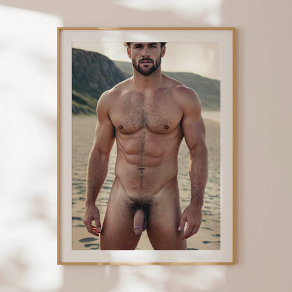 Sexy Male Nude Photo, Big Dick Pic, Handsome Cock on Nude Model at Beach, Muscular Man With Huge Penis in Gay Erotic Solo Shot, Bodybuilder Model Outside