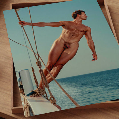 Dick Pick of Muscular Sailor, Male Nude Photo, Hnadsome Model Naked on Boat in Full Frontal Nudity Photo, Nude Men Photo Collection