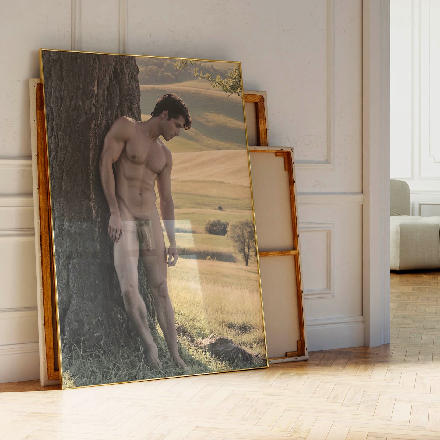 Dick Pic of Handsome Nude Farmer, Muscular Model With Huge Penis in Gay Erotic Solo Shot, Bodybuilder Physique With Big Cock