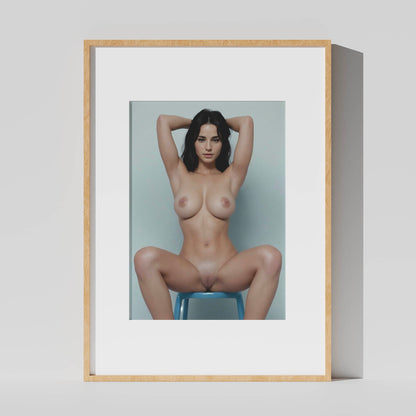 Nude Photo, Naked Pussy on Display in Full Frontal Nudity Poster, Fully Nude Brunette Model Showing Vagina & Boobs in Tasteful Erotic Shot