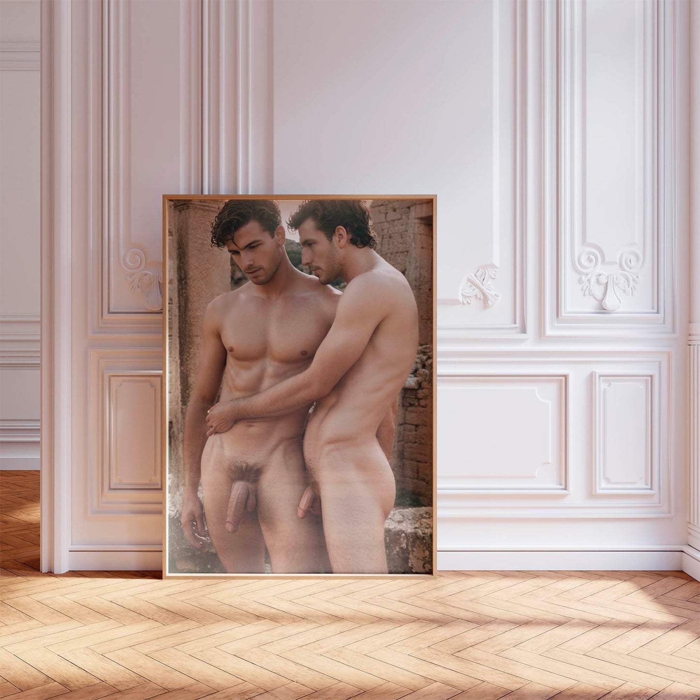 Handsome Naked Men, Big Dick Pic, Gay Nude Photo, Couple Holding Each Other, Tasteful Homoerotic Pose, Showing Muscular Bodybuilder Physique