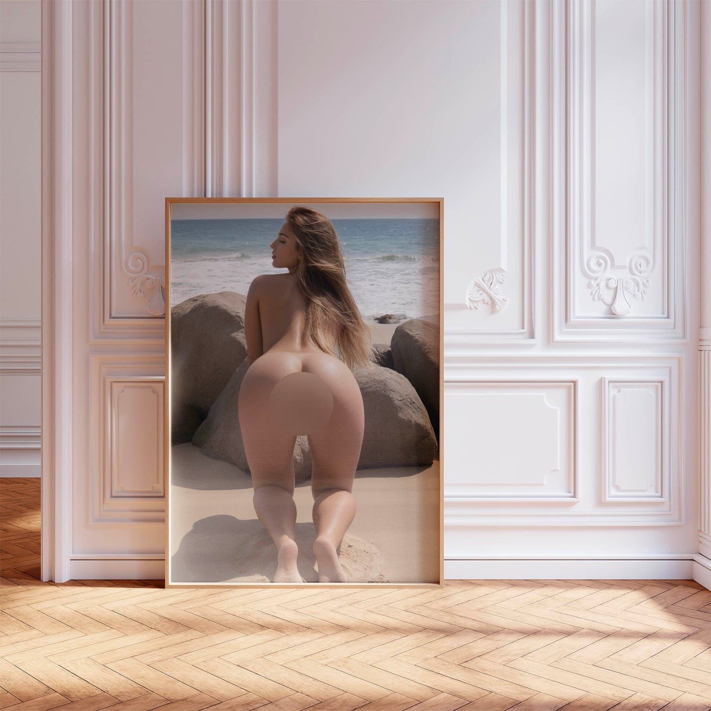 Pussy Photo, Fully Nude at Beach, Sexy MILF Bending Over in Sand Showing Perfect Butt and Vagina, Mature Nude Poster for Man Caves, Frats, Dorms