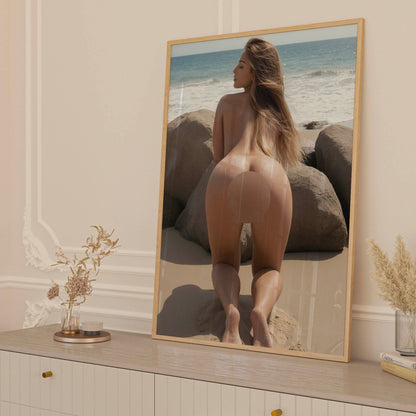 Pussy Photo, Fully Nude at Beach, Sexy MILF Bending Over in Sand Showing Perfect Butt and Vagina, Mature Nude Poster for Man Caves, Frats, Dorms