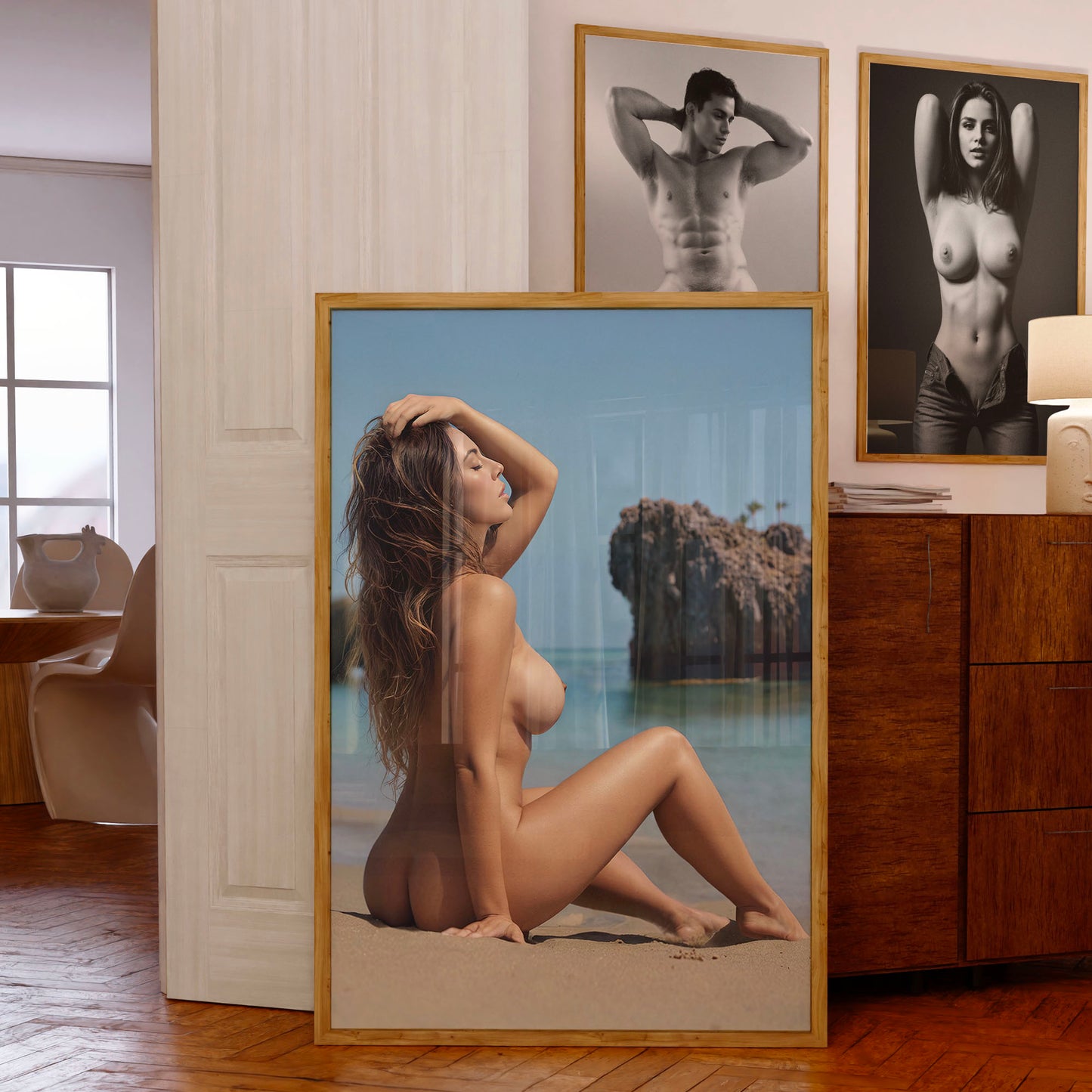 Fully Nude Photo, MILF Model With Big Boobs at Beach in Erotic and Naked Wall Art for Man Caves, Game Rooms or Dorms, Huge Tits