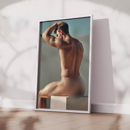 Male Nude Butt Photo, Muscular and Handsome Athletic Man Fully Naked, Sitting on Plinth, Round Butt in Classic, Tasteful Gay Erotic Print