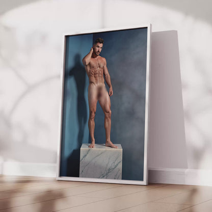 Handsome Naked Man with Big Penis, Muscular Bodybuilder Posing on Marble Showing Physique and Body in Aesthetic Dick Pic, Gay Art & Decor