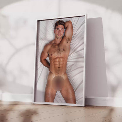 Dick Pic, Handsome Bodybuilder Flexing, Male Nude Photo with Muscular Model Lying in Bed Showing Soft Big Penis and Abs, Gay Art & Decor